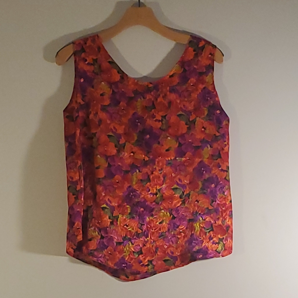 Handmade Tank Top Silky Satin Floral Red Pink
